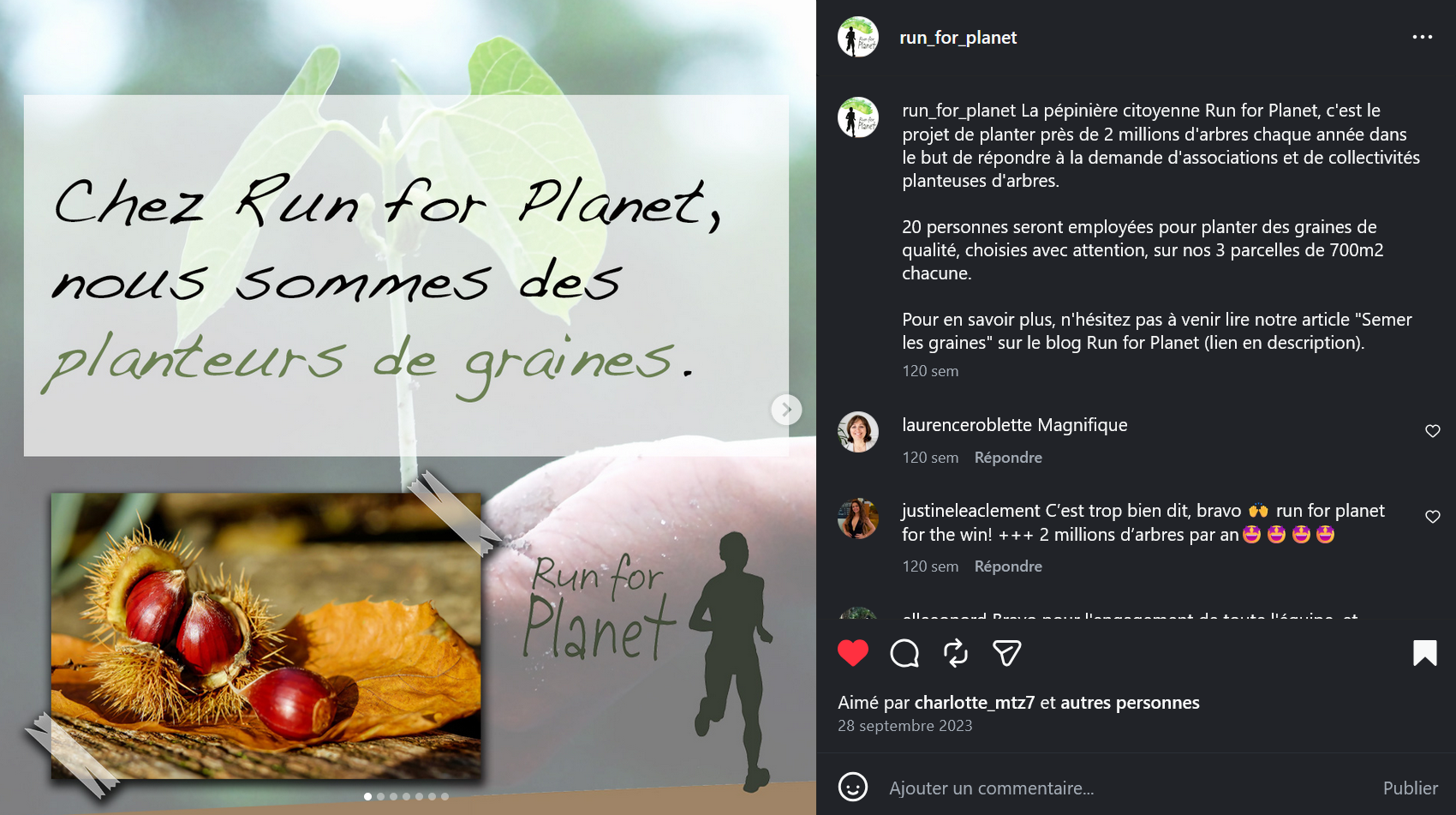 Exemple d'une publication sur l'instagram de Run for Planet