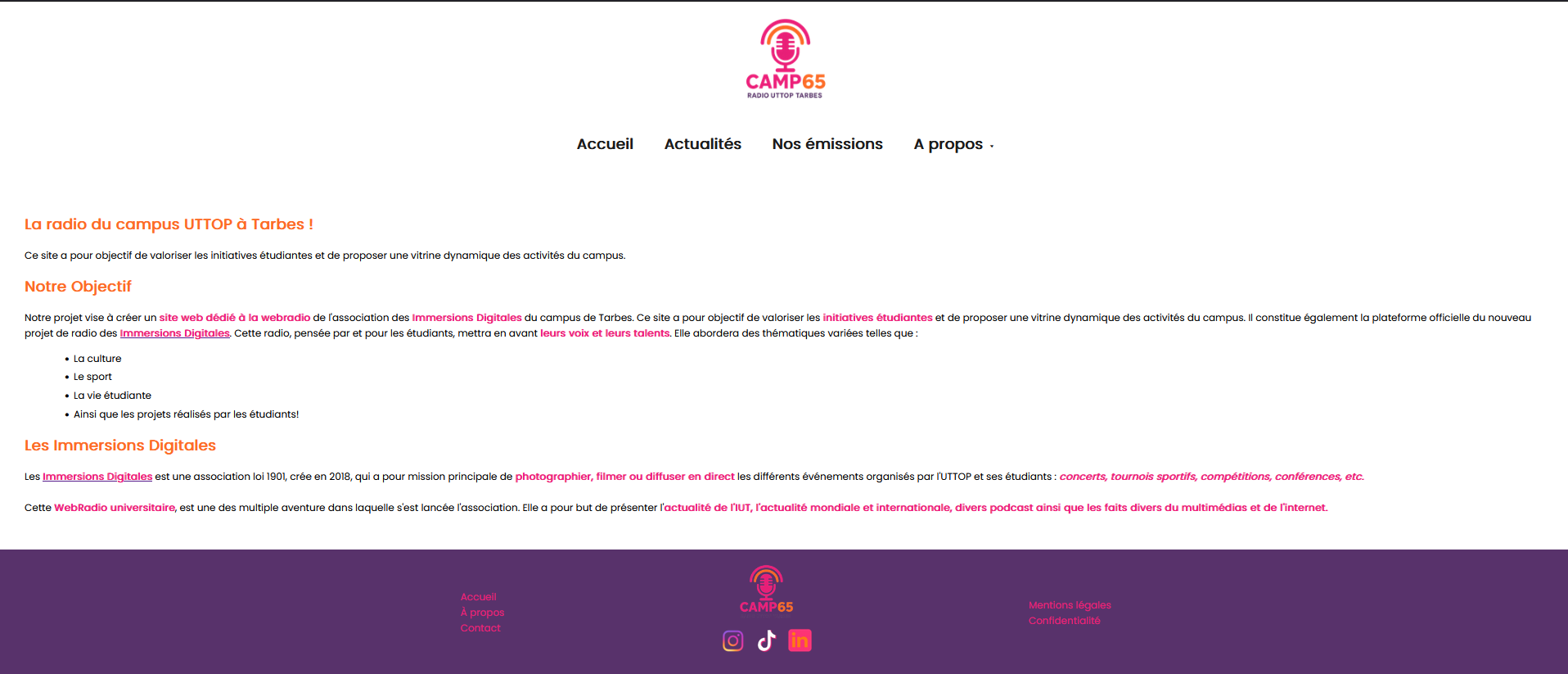 Page d'accueil du site Camp65