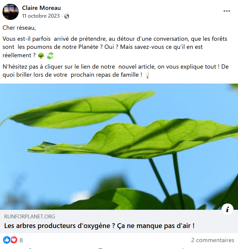 Exemple d'annonce de sortie d'un article sur Facebook