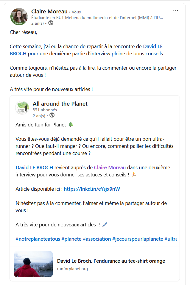 Exemple d'annonce de sortie d'un article sur linkedIn