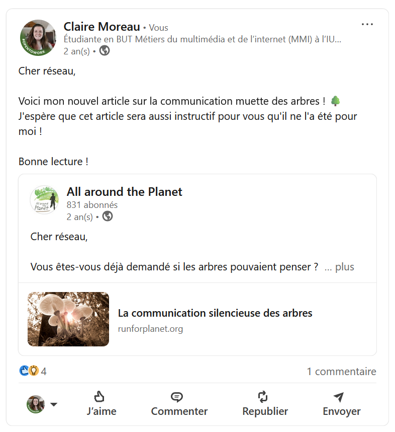 Exemple d'annonce de sortie d'un article sur linkedIn