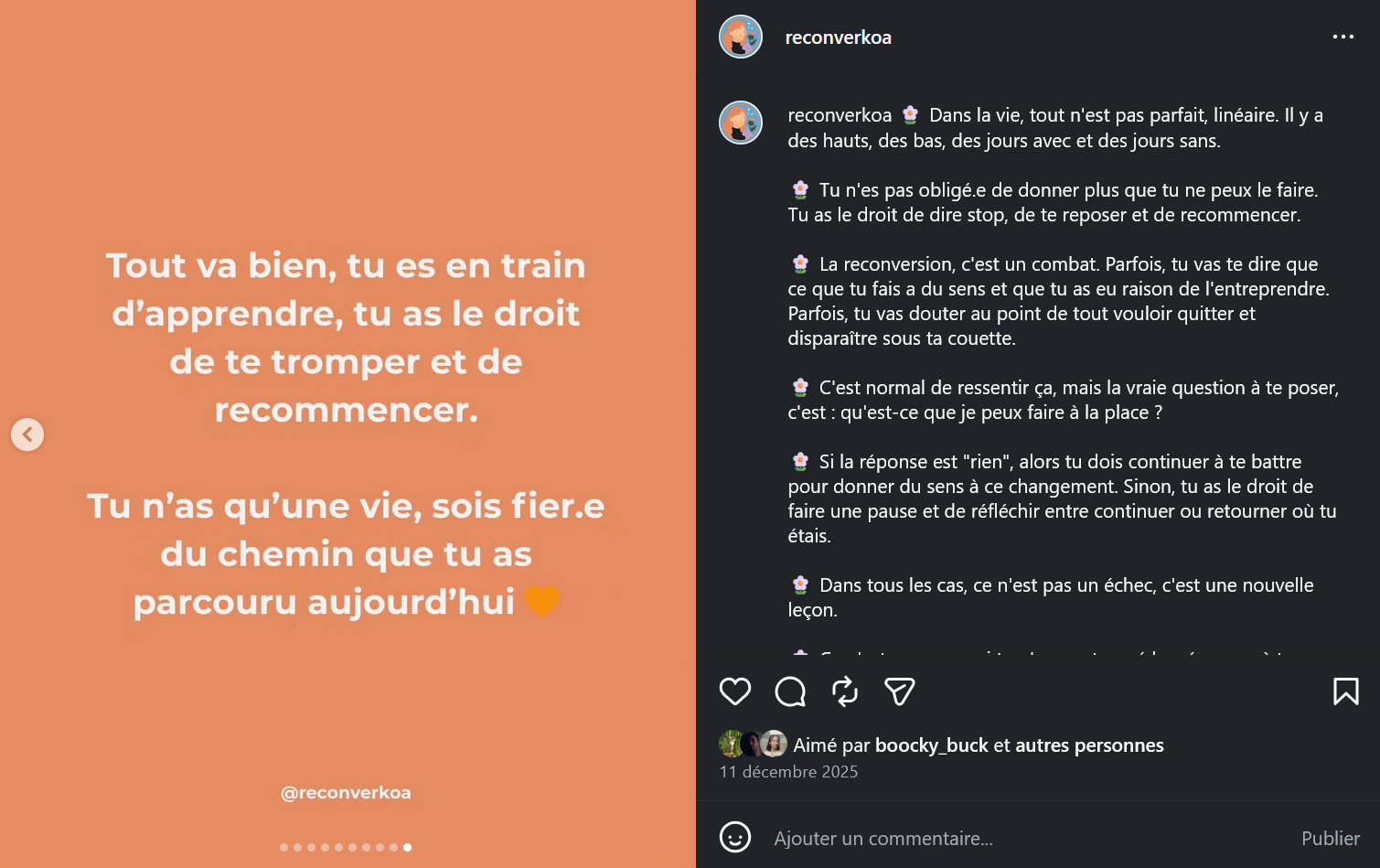 Exemple de publication sur l'instagram Reconverkoa